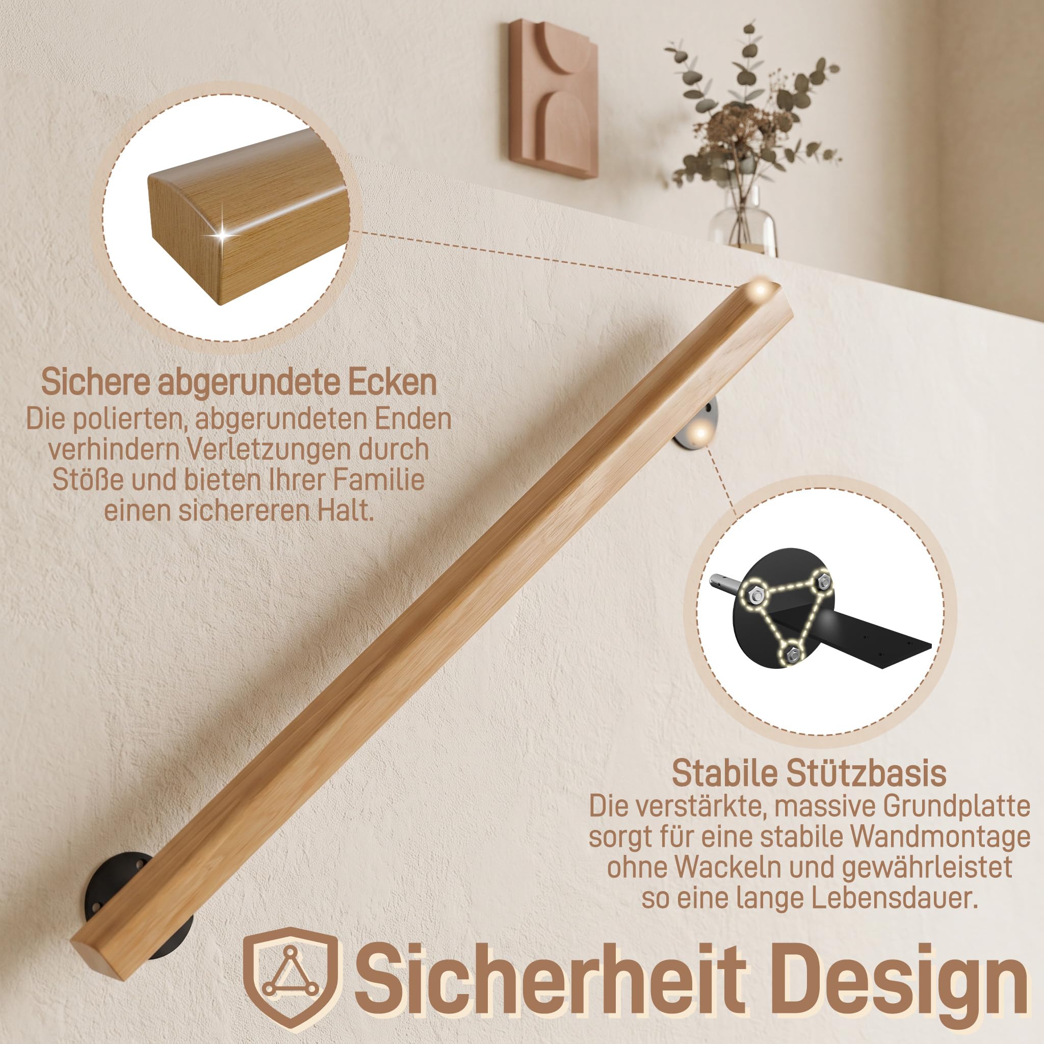 FIVMEN Handlauf Holz 150cm Buche Geländer mit Wandhalterung Schrauben