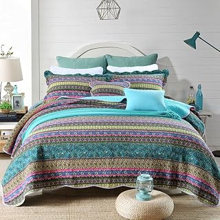 NEWLAKE Queen Striped Jacquard Reversible Cotton 3-Piece Quilt Set - Breathable All-Season Bedspread with Shams