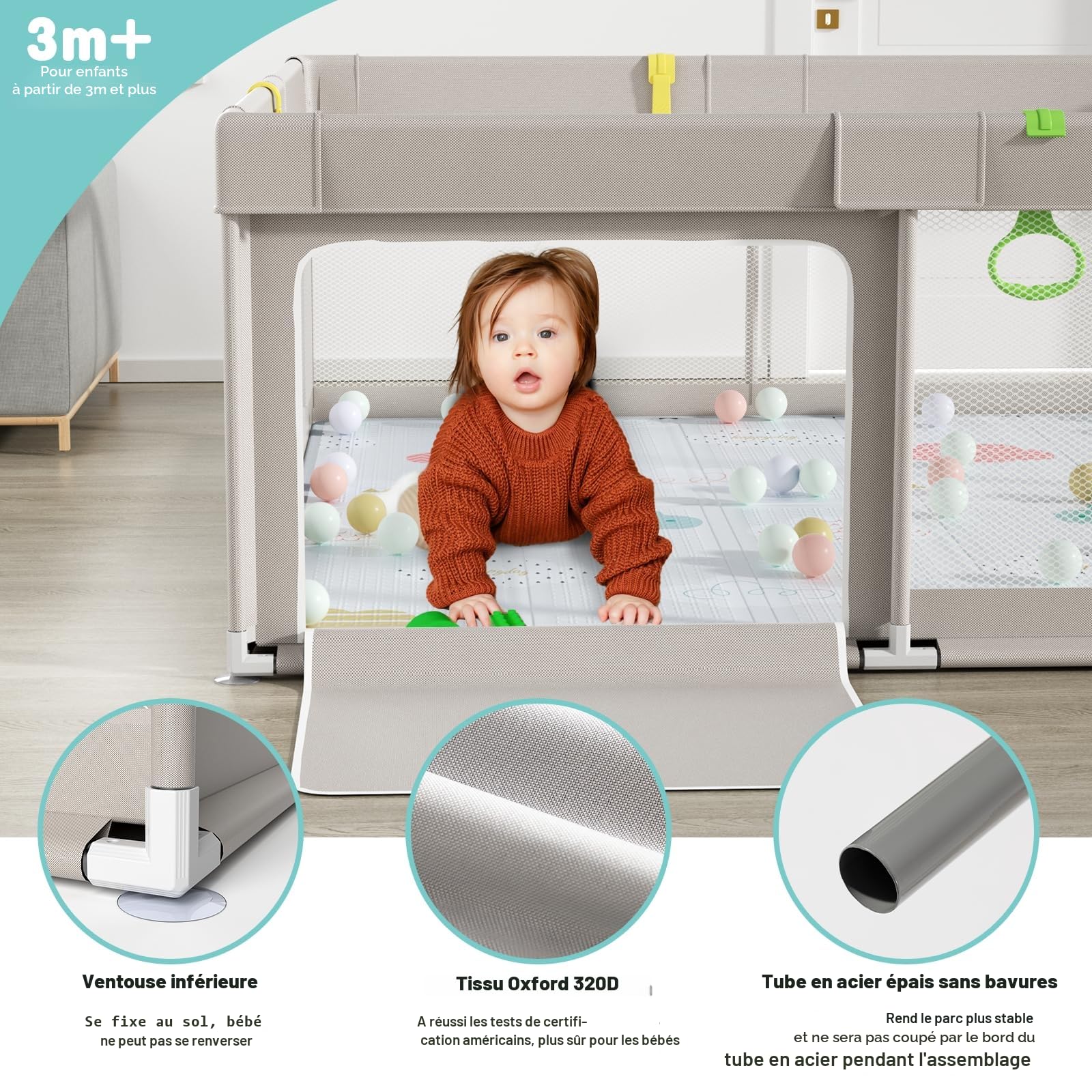 Uanlauo Parc bebe 150 x 150 cm avec tapis, grand parc pour bebe XXL avec fermeture éclair, 4 anneaux de traction, aire de jeu sécurisée pour bébé et tout-petit, intérieur et extérieur