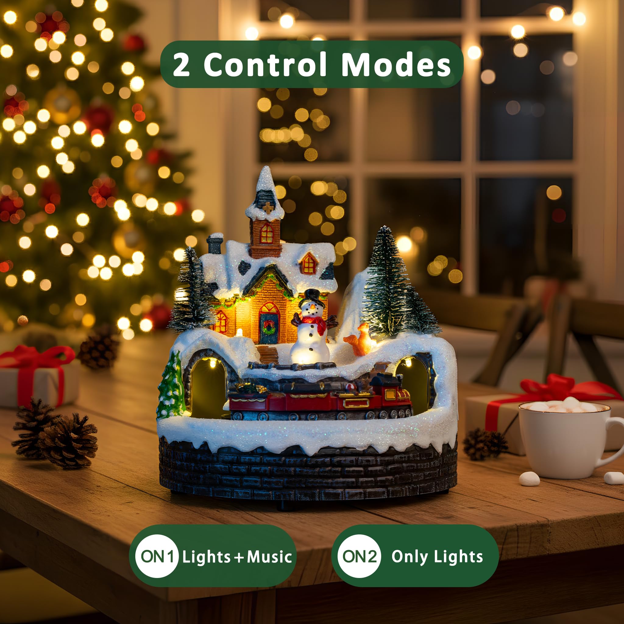Candieslife Decoraciones musicales animadas de muñeco de nieve de Navidad, tren giratorio con luces cálidas para regalo de decoración de Navidad, adornos decorativos de Navidad de mesa