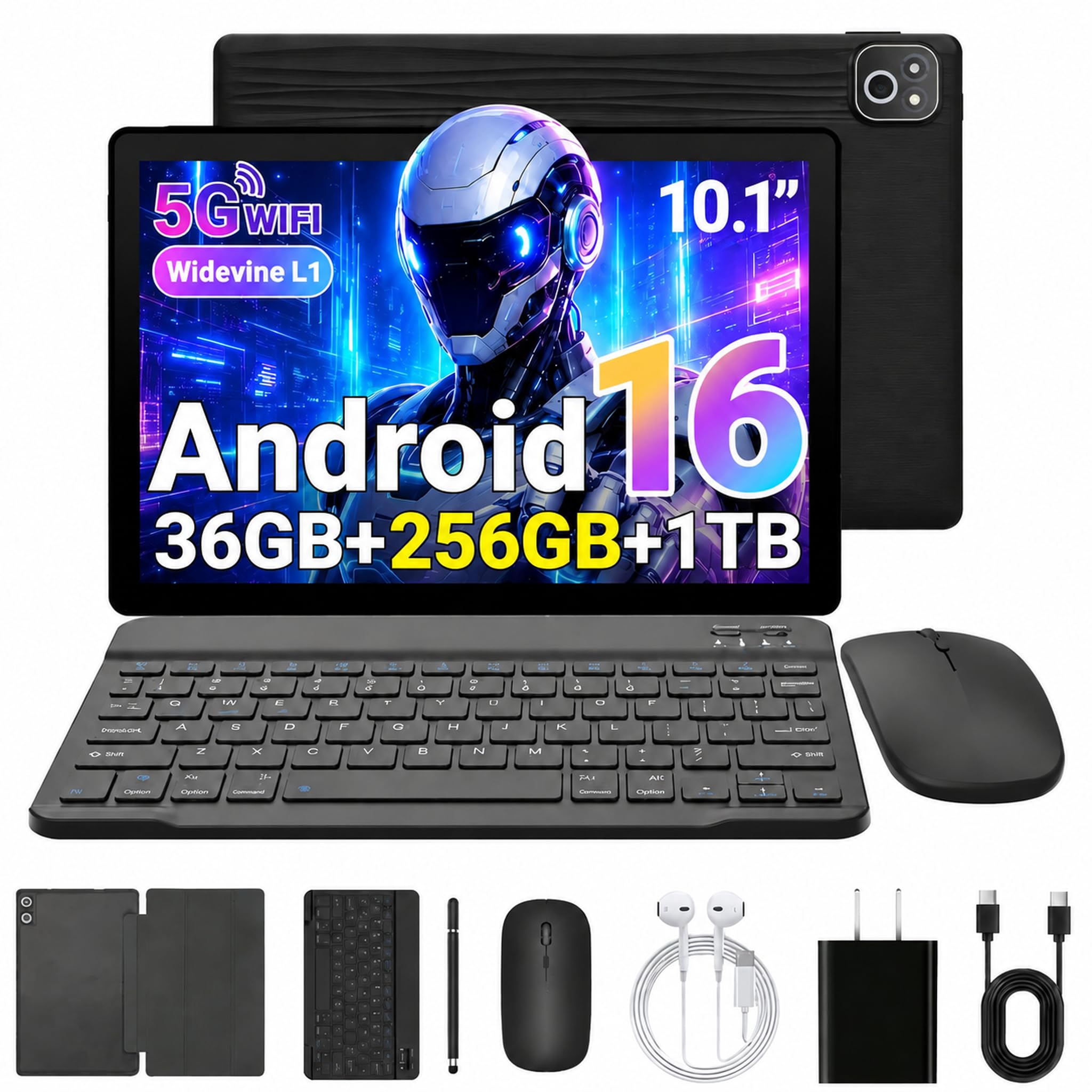 Tablet Android 10.1 Pollici, Android 16 Octa-Core, 36GB RAM+256GB ROM (1TB Espandibile), Schermo IPS 1280*800, Batteria 6000mAh, Fotocamere Doppie, Kit Completo Tablet Android per Studio e Lavoro