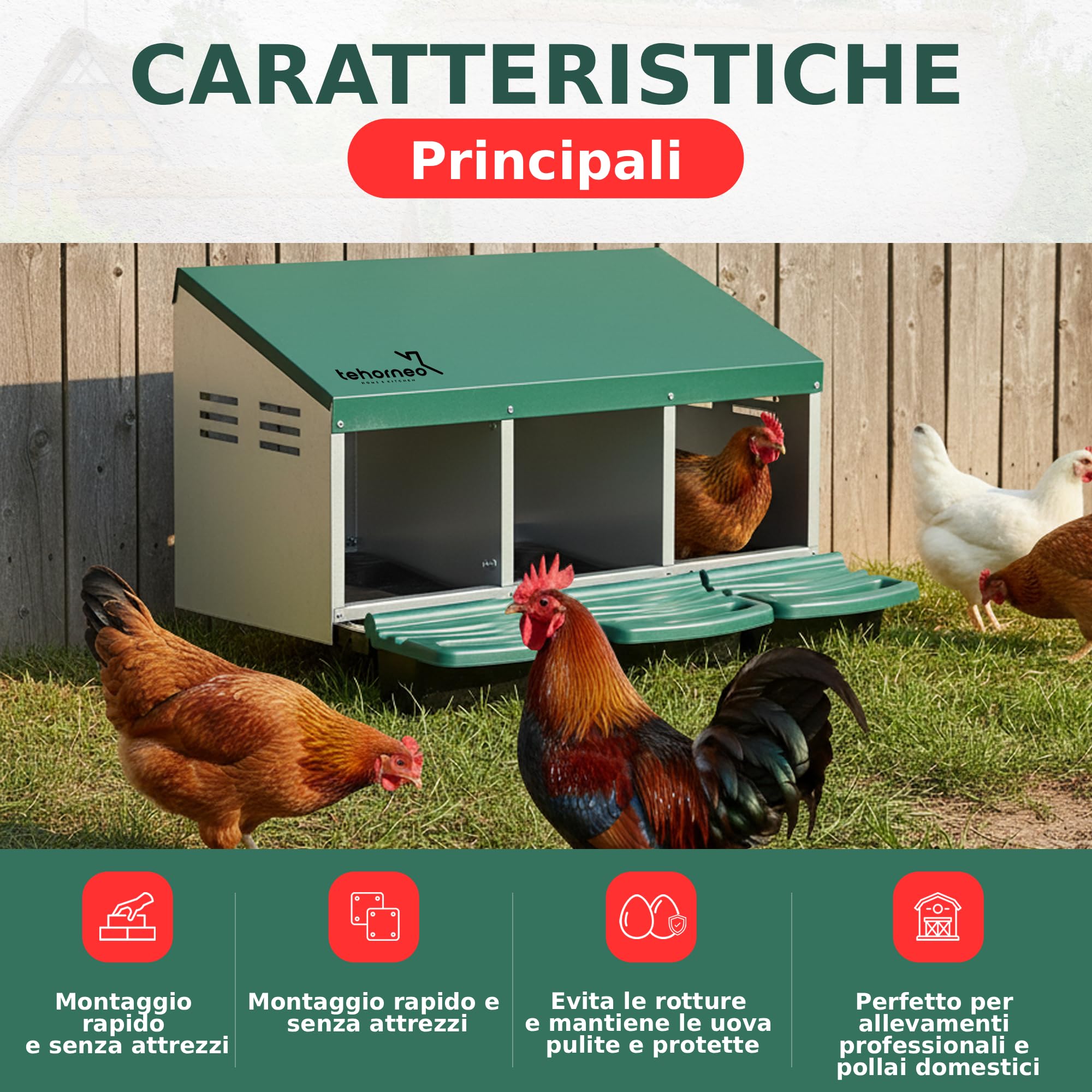 TEHORNEO Nido per Galline, Nido per Galline Ovaiole 81x51x47 cm Acciaio Zincato e 3 Scomparti, Cassetta per Deporre Uova Pollaio, Nidi per Galline Ovaiole, Adatto per 12-15 Polli
