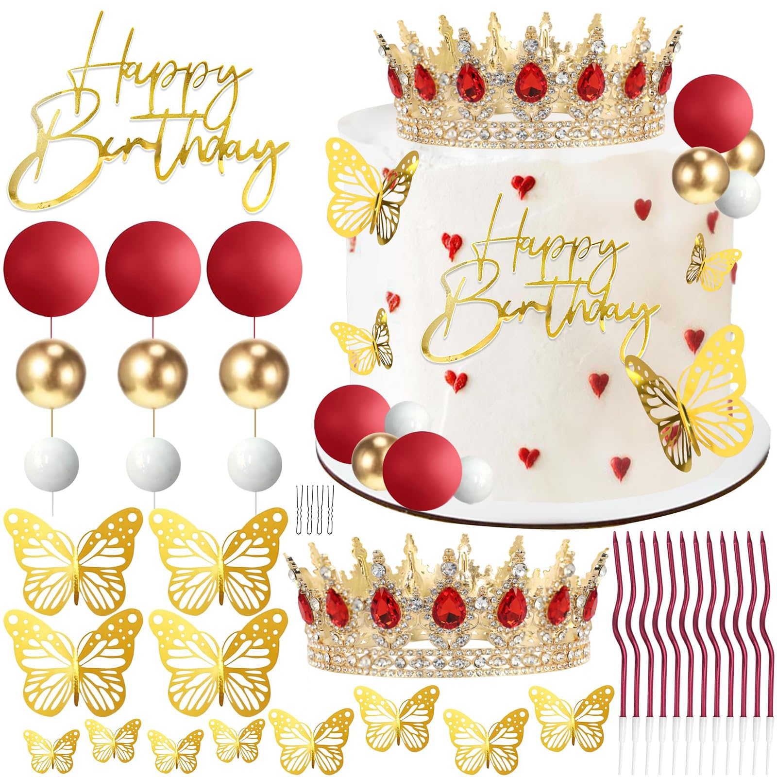VelvetGlow Crown Cake Topper, Balls Happy Birthday Cake Topper Red Crown Birthday Candles Gold Butterflies, Corona Para Pastel, Cake Decorations for Birthday Wedding (Gold, Red)