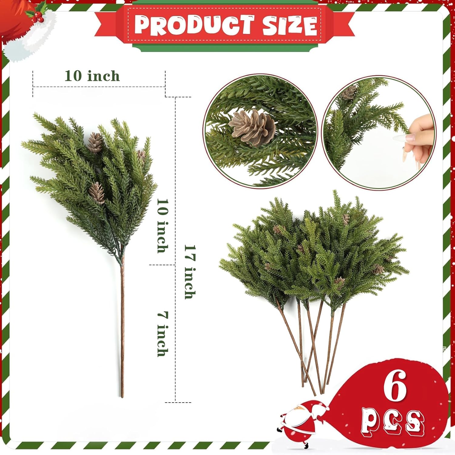 LZNPA 6 Pcs Real Touch Christmas Pine Branches with Pine Cones, Natural Droopy,Soft Bendable Pine Stems, Lifelike Christmas Greenery Stems for Vases, Wreaths Outdoor Indoor Decorations