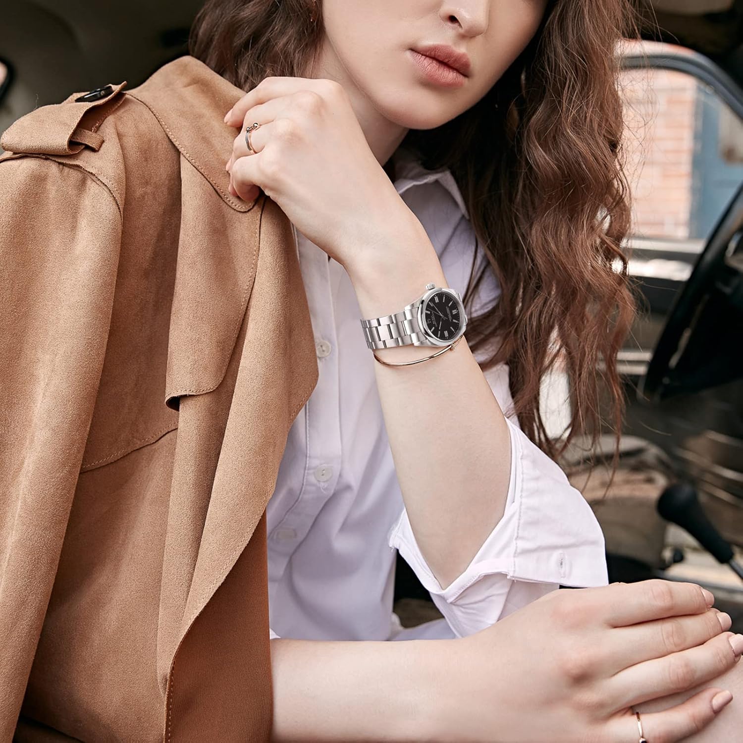 BUREI Womens Classic Quartz Watch, Silver Stainless Steel Band, Round Analog Display, 36mm Water Resistant Business Wristwatch，Ladies' Gifts