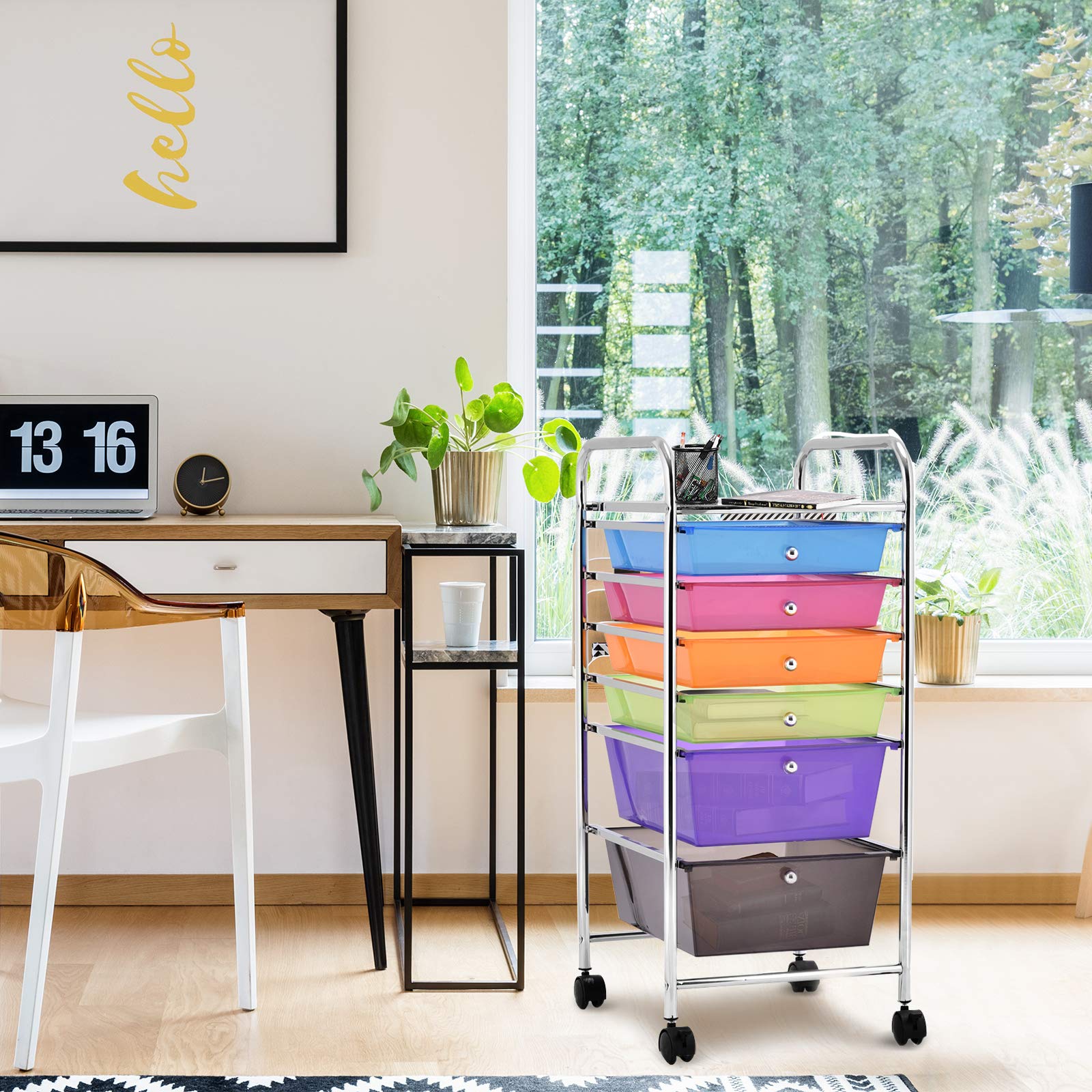 GIANTEX Carrello con 6 Cassetti, Portaoggetti Multistrato, Carrello da Stoccaggio a 6 Ripiani, Contenitore con Ruote, Scaffale Mobile Salvaspazio, 32x37x74 cm, Colorato