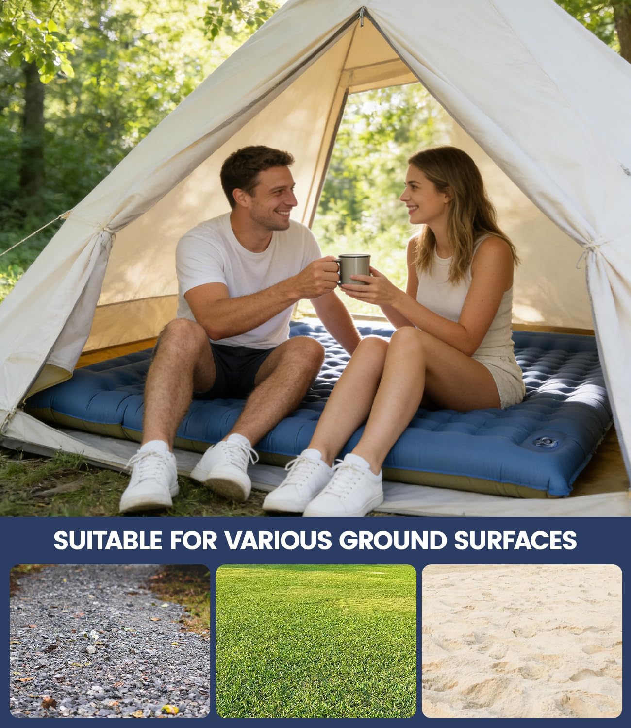Colchoneta doble para 2 personas, 195 x 134 cm, perfecta para parejas y familias, camping familiar, festivales y cama de invitados, 10 cm de grosor, función de inflado