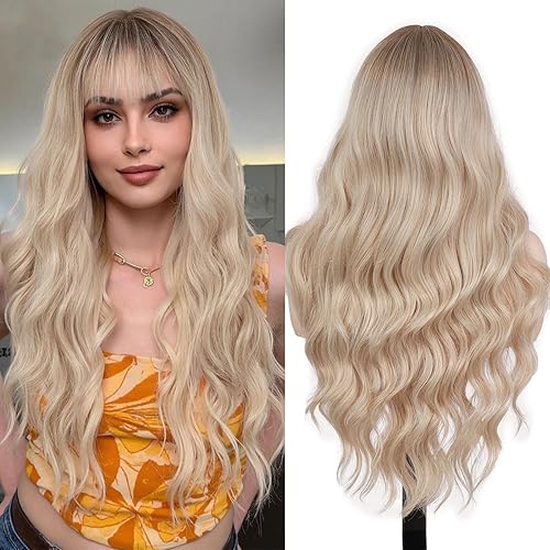 Fancy Hair Blonde Wig with Bangs T/Ash Blonde Ombre with Dark Roots Heat Resistant Synthetic Wavy Curly Hair for Women Daily Party Use 26 Inches