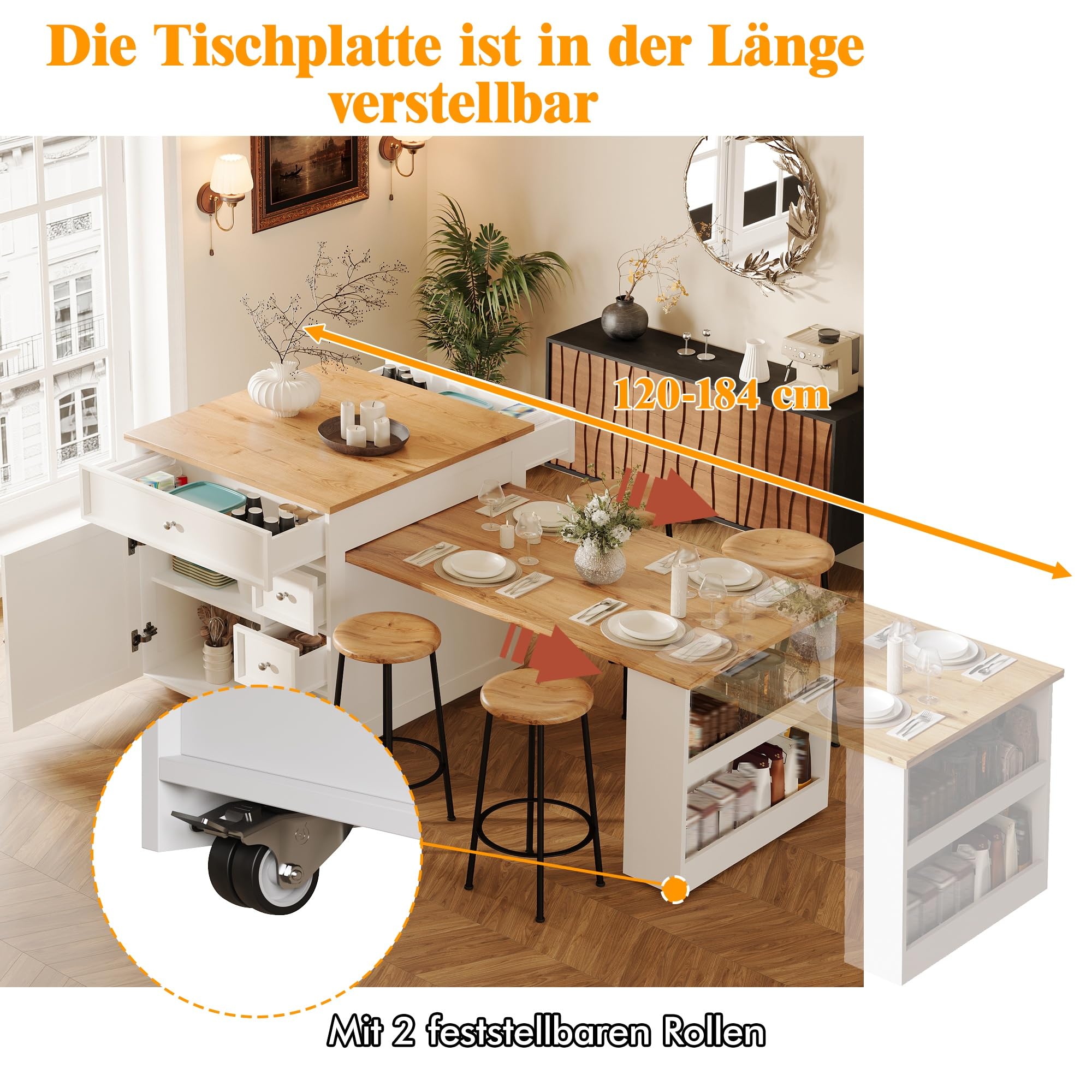 Ausziehbare Kücheninsel (120-184 cm) mit Schubladen und Rollen, fahrbare mit Holzoptik-Tischplatte, Vielseitige Thekeninsel für Küche, Esszimmer & Bartresen, Weiß