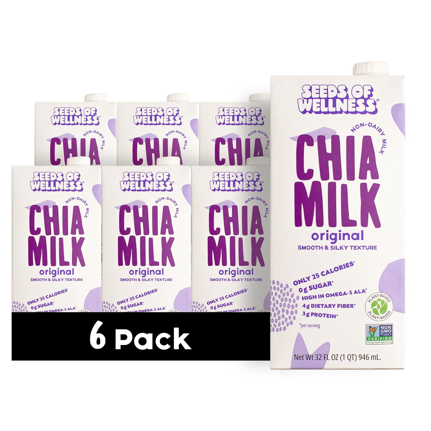 Seeds of Wellness - Chia Milk Original, Vegan, Plant-Based, Non-Dairy, 740 mg Omega-3, 4g Fiber, 3g Protein, Zero Sugar, Smooth Texture, Low Calories, Keto, Gluten Free, Non-GMO, 32 Fl Oz (946 ml) Tetrapak, Pack of 6, Chile