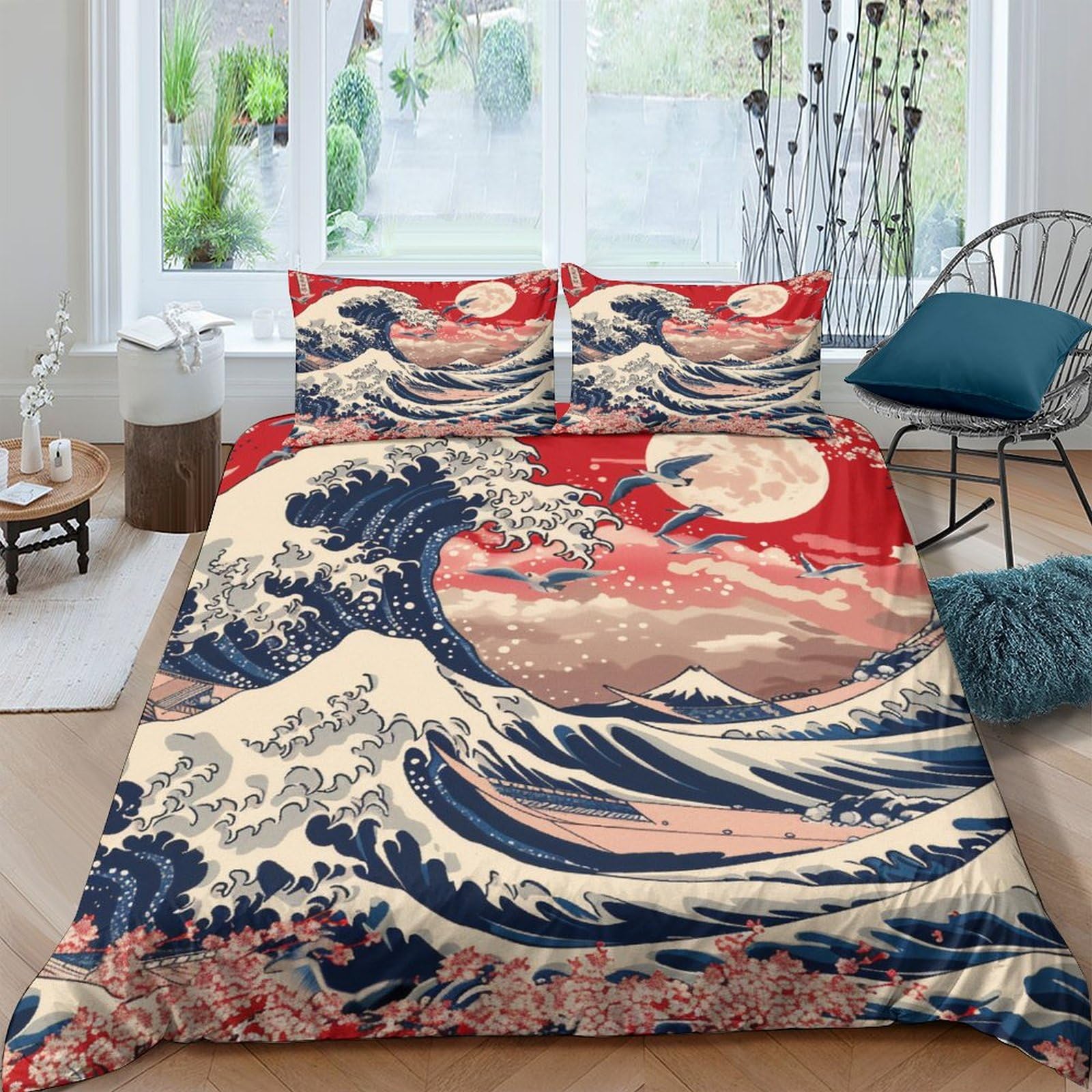 Housse de couette style japonais Ukiyo-e 220x240 pour chambre enfant et ado avec taie d'oreiller