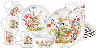 Zhehao 16 Pcs Easter Bunny Dinnerware Set Ceramics Rabbit Dishware Include 10 Inch Dinner Plate 7 Inch Salad Plate 5" Cereal Bowl 16 oz Coffee Mug for Holiday Dinner Party, Service for 4