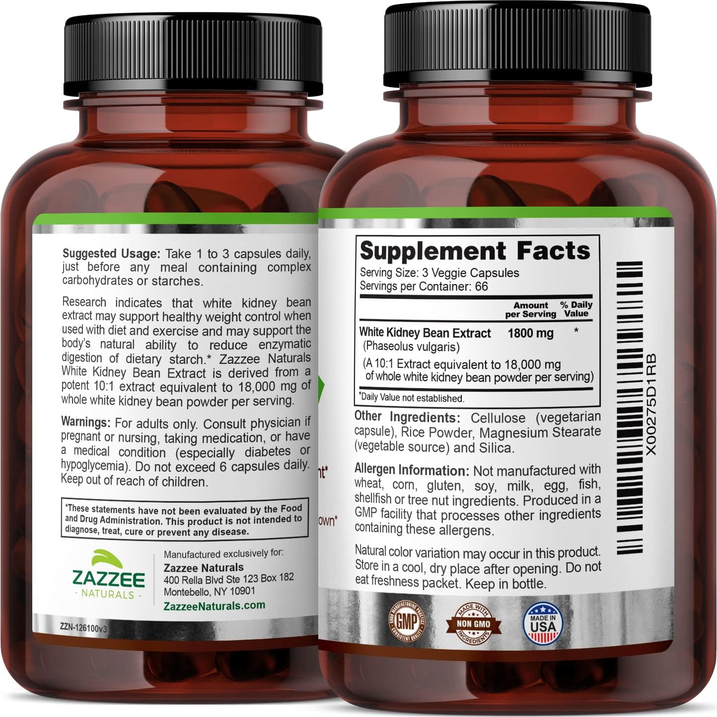 Zazzee White Kidney Bean Extract 200 Vegan Capsules, 1800 mg Per Serving, Potent 10:1 Extract, 18,000 mg Strength, 100% Pure, Vegan, Non-GMO and All-Natural : Health & Household