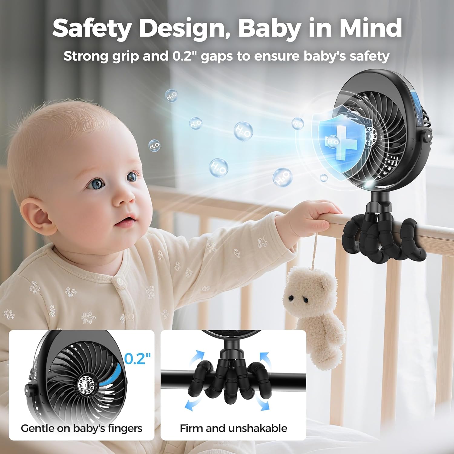 2026 Upgraded Misting Baby Stroller Fan Rechargeable, Flexible Tripod Clip for Car Seat Crib, Baby Shower Gifts & Baby Registry Search, Newborn Essentials for Beach Travel, Disney Summer Essentials