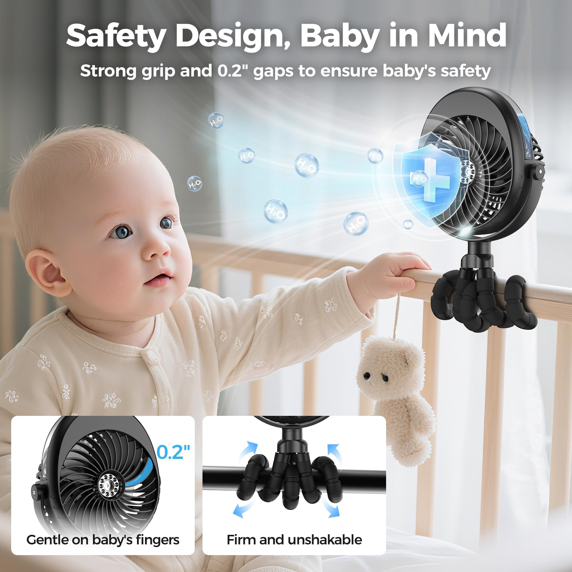 COMLIFE Ventilateur pour poussette de bébé, ventilateur portable pivotant à 270 ° et 360 °,USB à piles, ventilateur de brumisation portable, avec clip trépied flexible sur siège de voiture, berceau