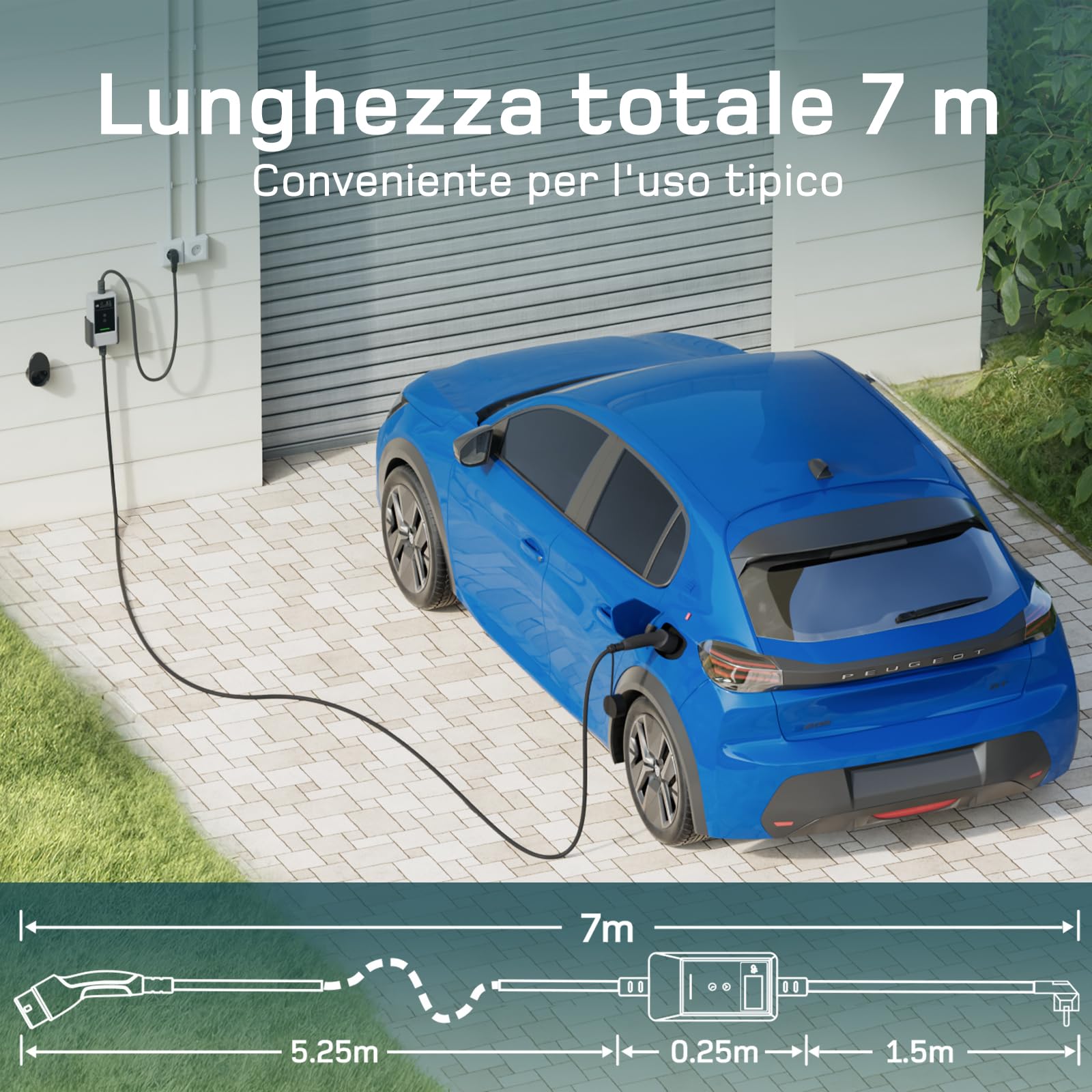 dé Cavo Ricarica Auto Elettrica Tipo 2 Schuko 3,7kW [6/8/10/13/16A] Colonnina Ricarica Auto Elettrica con Supporto, Wallbox Compatibile con Model Y/3, e208 e Altri EV/PHEV, Bianco, 6,5m