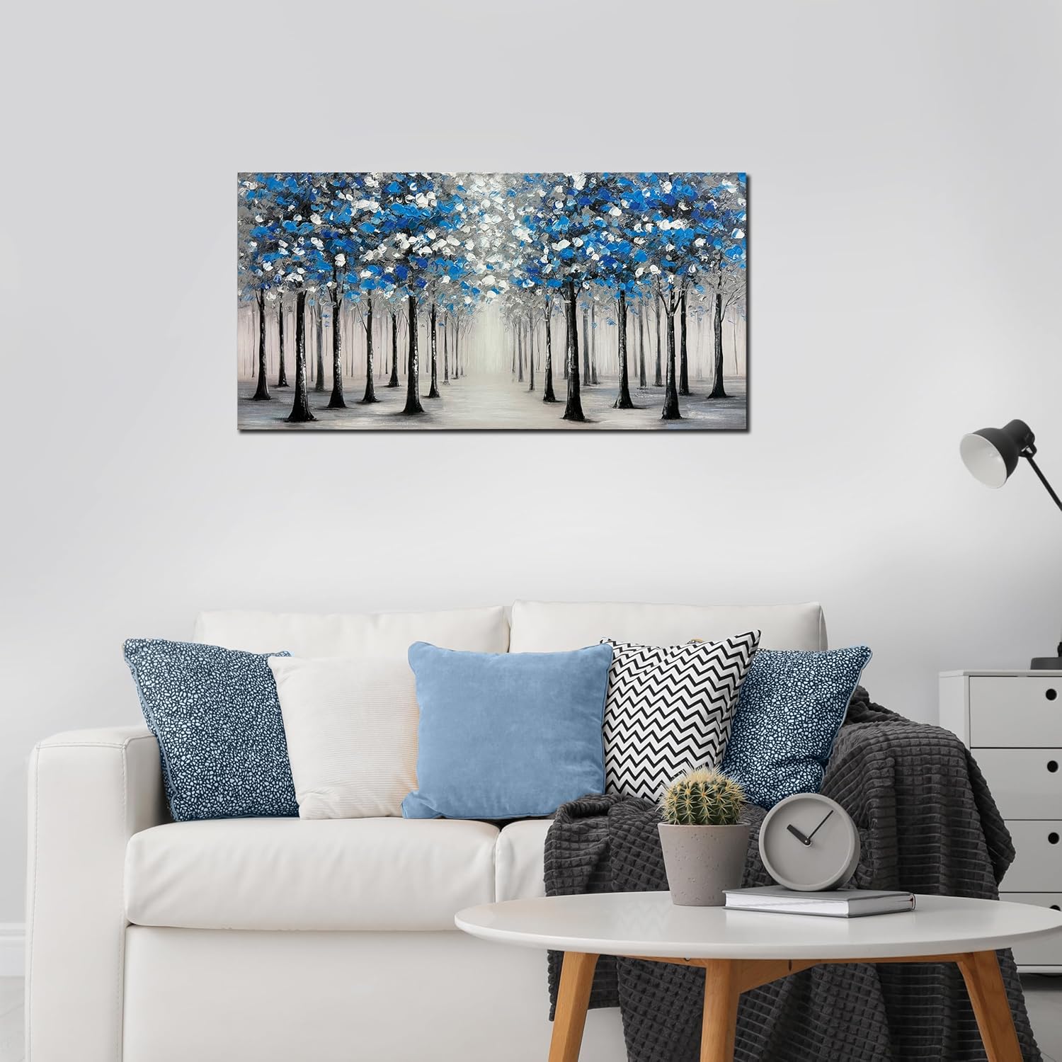 Trogonup Large Forest Wall Art for Living Room Blue and White Trees Landscape Painting Modern Textured Oil Painting for Bedroom Office Home Decor 20x40 Inch