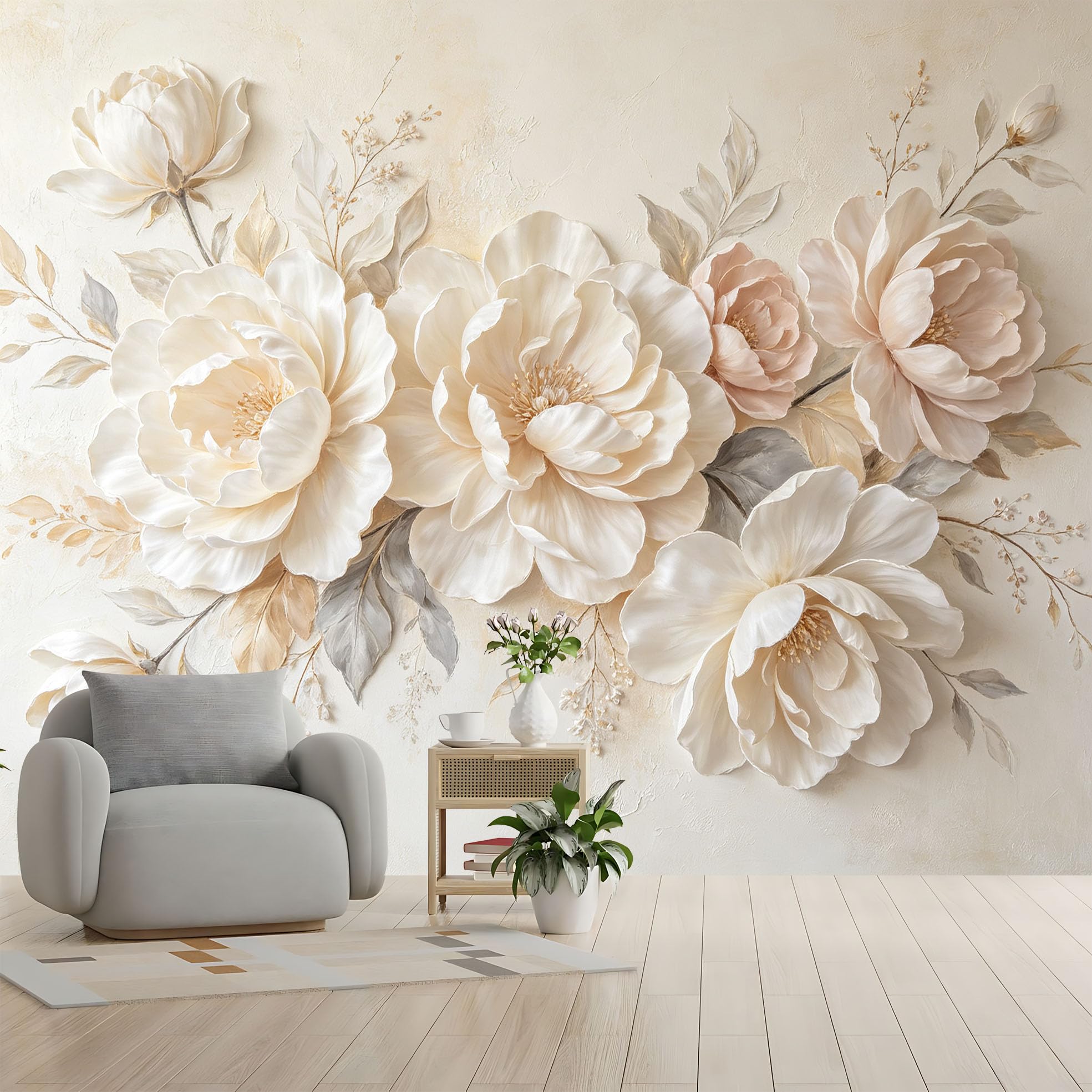 Duża biała piwonia kwiat fototapeta elegancka kwitnąca kwiatowa tapeta z włókniny nowoczesna luksusowa warstwowa płatek botaniczna fototapeta 200 x 140 cm kremowy beżowy cecha ściana do salonu