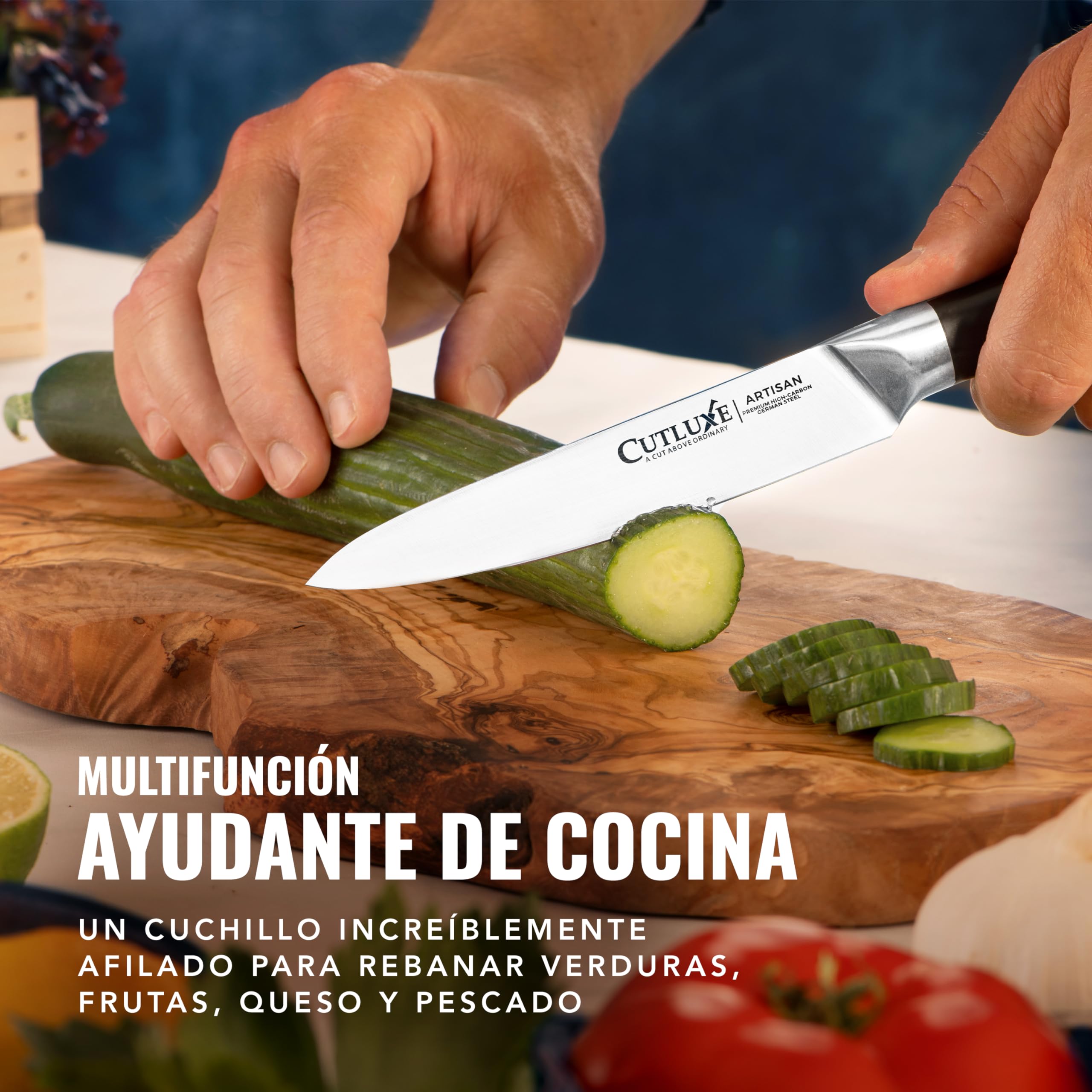 Cutluxe Juego 5 Cuchillos de Cocina – Acero Alemán, Filo de Navaja | Incluye chef, santoku, utilitario, trinchar y pelar; espiga completa y mango ergonómico