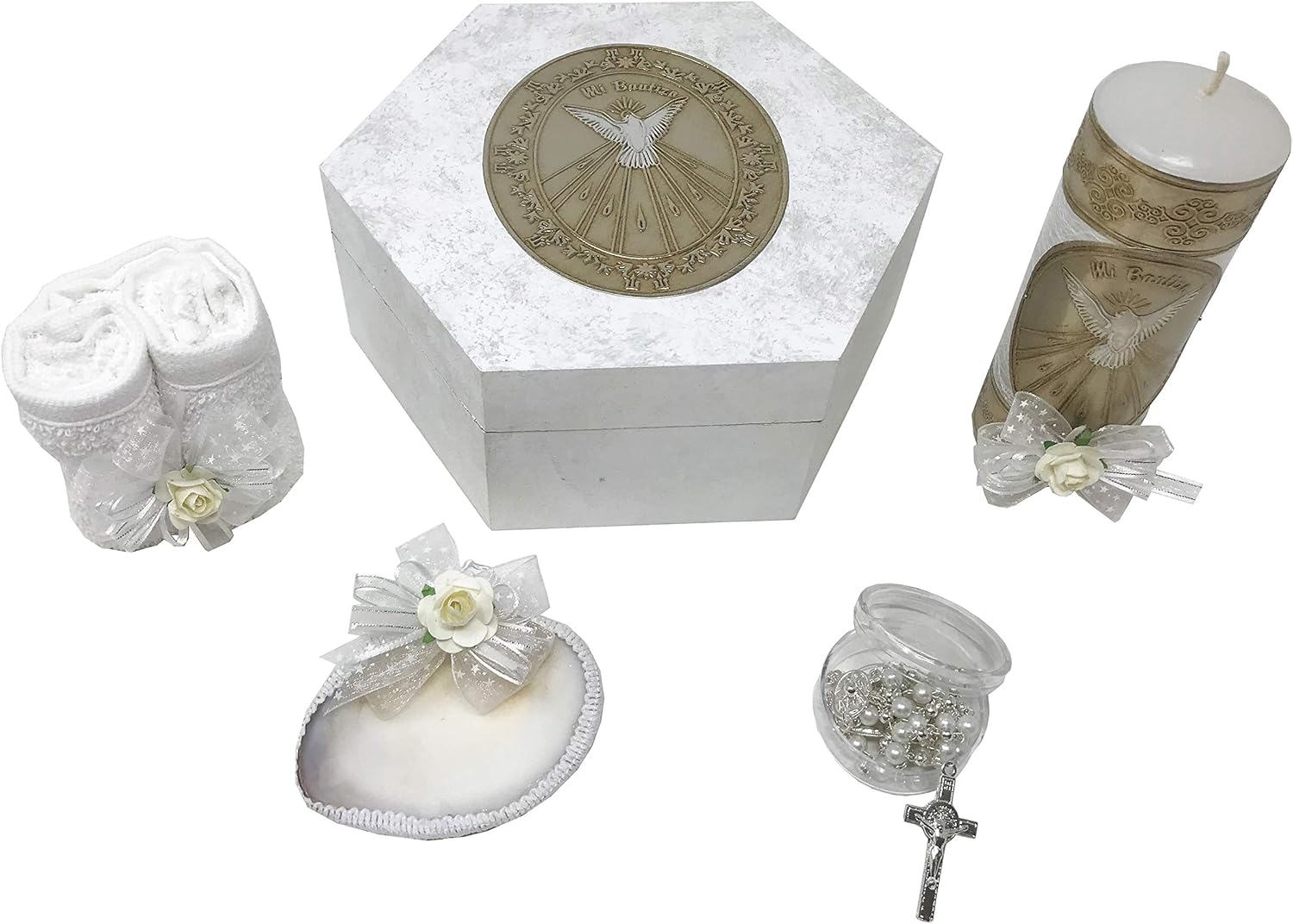 Arcangeles Mexicanos Catholic Baptism Candle Set in a Wooden Box with Towel, Candle, Rosary and Shell for Baby Boys and Girls. Handmade in Mexico