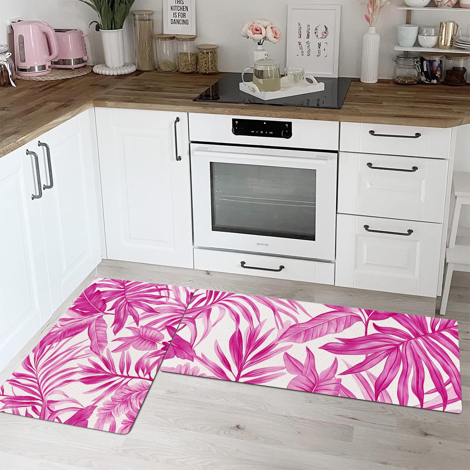 Alfombras de cocina antifatiga que eliminan el dolor de espalda con diseño de hojas rosas