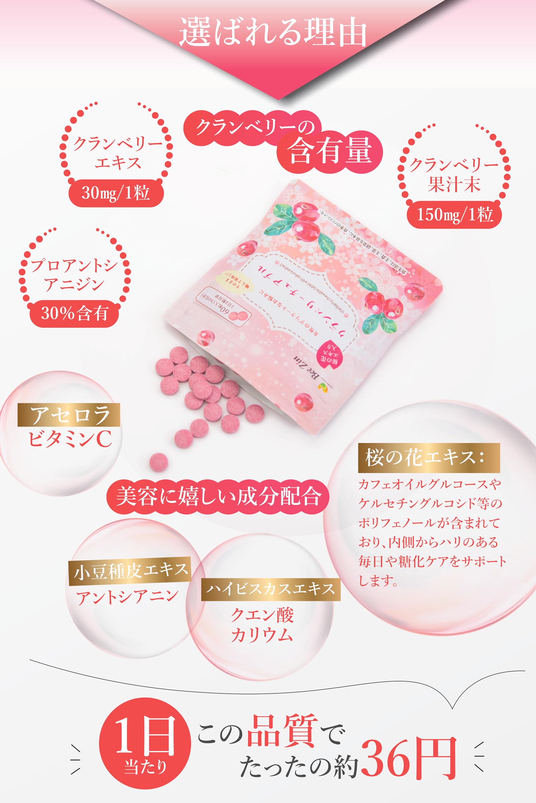 Amazon | Bee Zin クランベリーサプリ 桜の花エキス キナ酸 ビタミンC