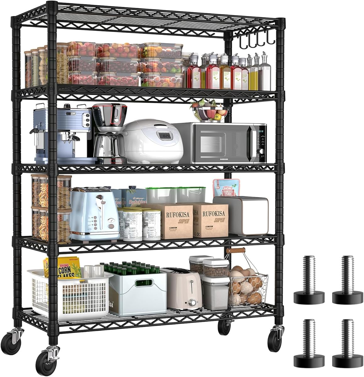 PrimeZone 5 Tier Wire Shelving Rack Storage Shelves with Wheels,Adjustable Rolling Heavy Duty Metal Shelving Unit,Utility Shelf for Kitchen Garage Closet Pantry Laundry 36" W x 14" D x 74" H