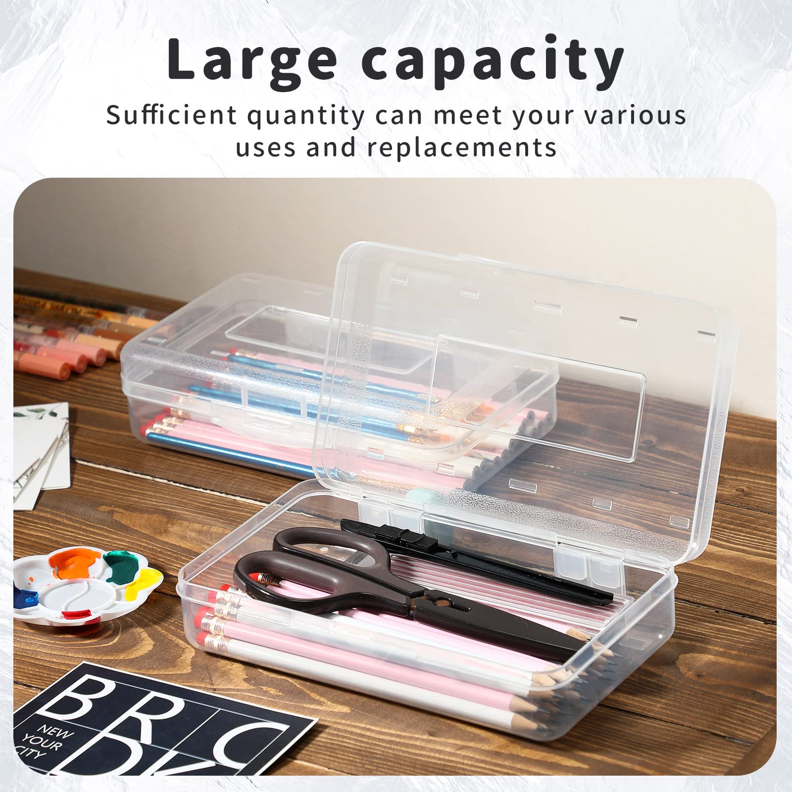 Caja de lápices de plástico transparente, estuche de almacenamiento de suministros de oficina, caja organizadora para bolígrafos y más suministros escolares de oficina (paquete de 10)