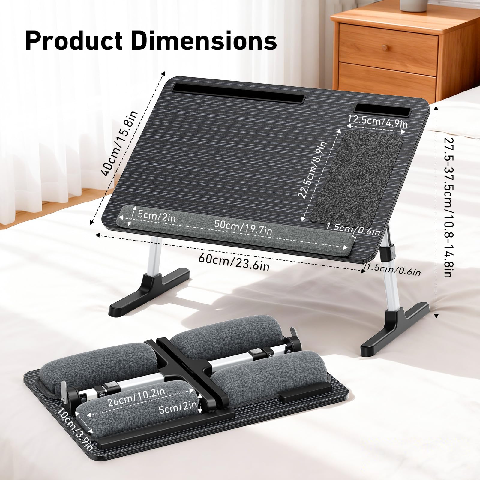 Tavolo da letto 2 in 1 & Lap Desk – Imbottitura morbida regolabile in altezza e inclinazione, pieghevole con poggiapolsi, supporto per tablet, fermaporli e tavolo per computer portatile in pelle