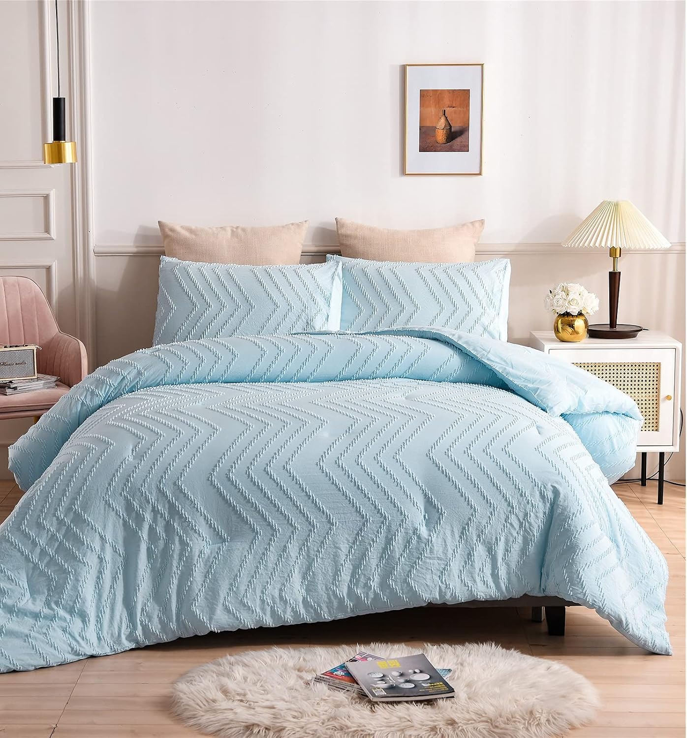 A Nice Night LightBlue Jacquard, Tufts Style,Embroidery Shabby Chic, Tufted Accent Shabby Chic Comforter Set, Soft and Durable Bedding Set for All Seasons (Blue, King)