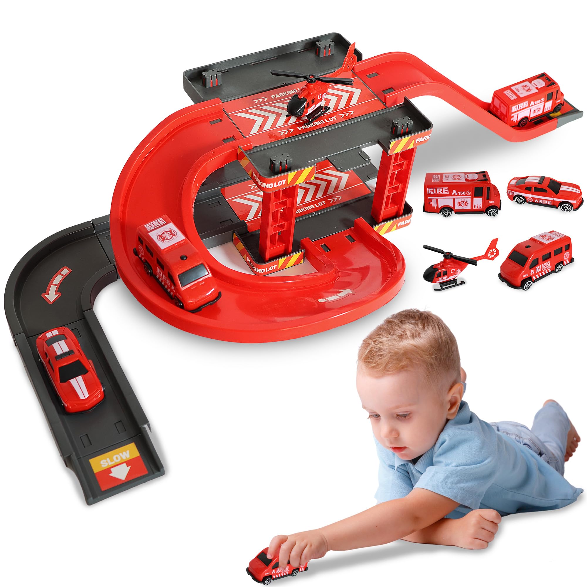 Elisium Juguetes Niños 3 años, Circuito De Coches Infantil con Parking, Pistas y 19 Piezas Niños y Niñas de 2, 3 y 4 Años -Juguete de Pista de Carreras con Garaje, Regalos Originales.