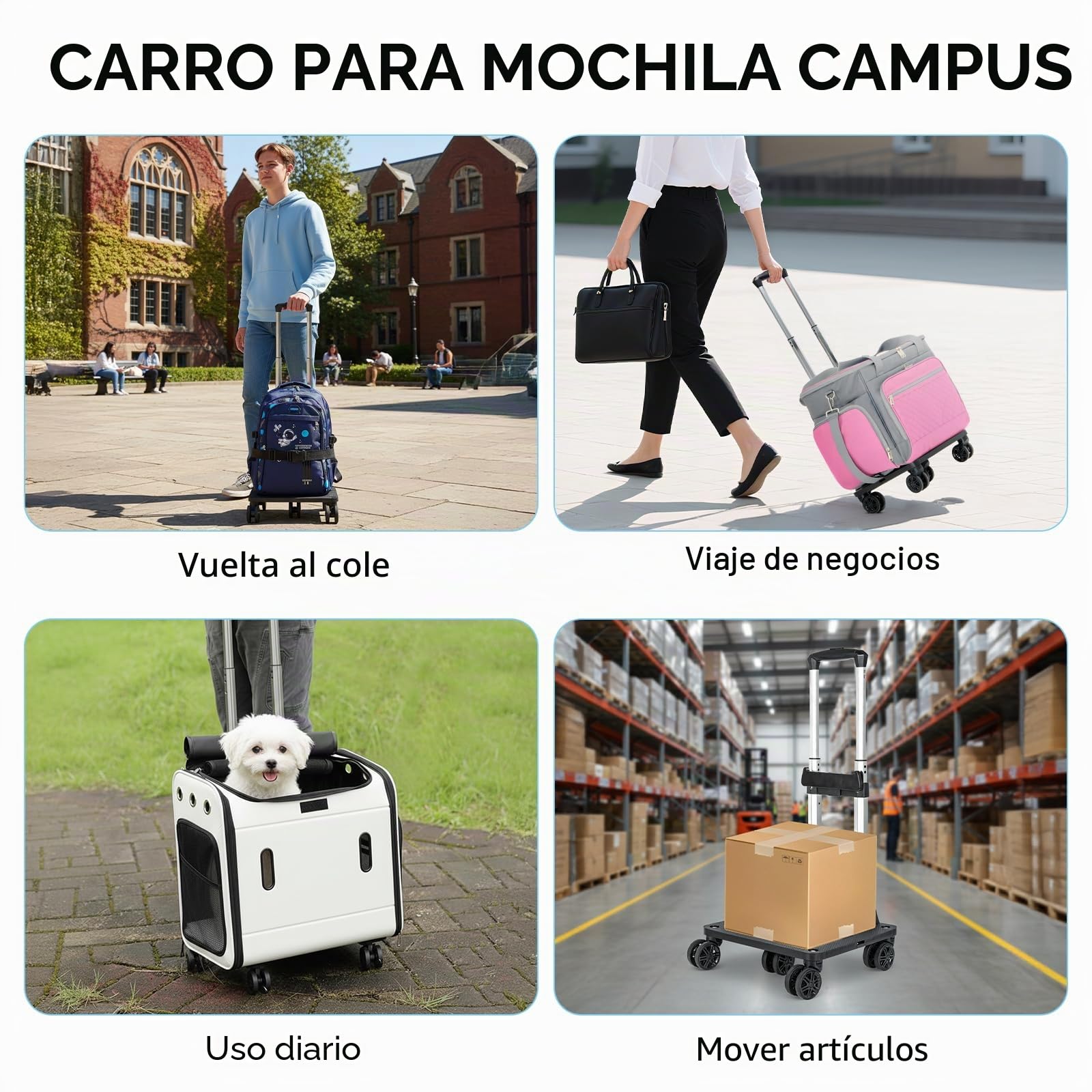 Amythe Carrito Escolar con 5 Ruedas Plegable, Carro Universal con 2 Correas de Sujeción para Mochilas y Equipaje de Viaje, Altura Ajustable, Negro