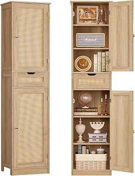 TEENFON 66.9" H Tall Storage Cabinet with 2 Rattan Doors and 1 Drawer, Narrow Rattan Cabinet with Adjustable Shelves, for Living Room, Entryway, Kitchen, Natural