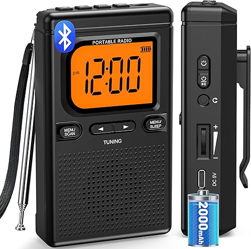 Radio AM FM portátil con Bluetooth, sintonización digital, batería de 2000 mAh, pantalla LCD, linterna, temporizador de sueño, reloj despertador