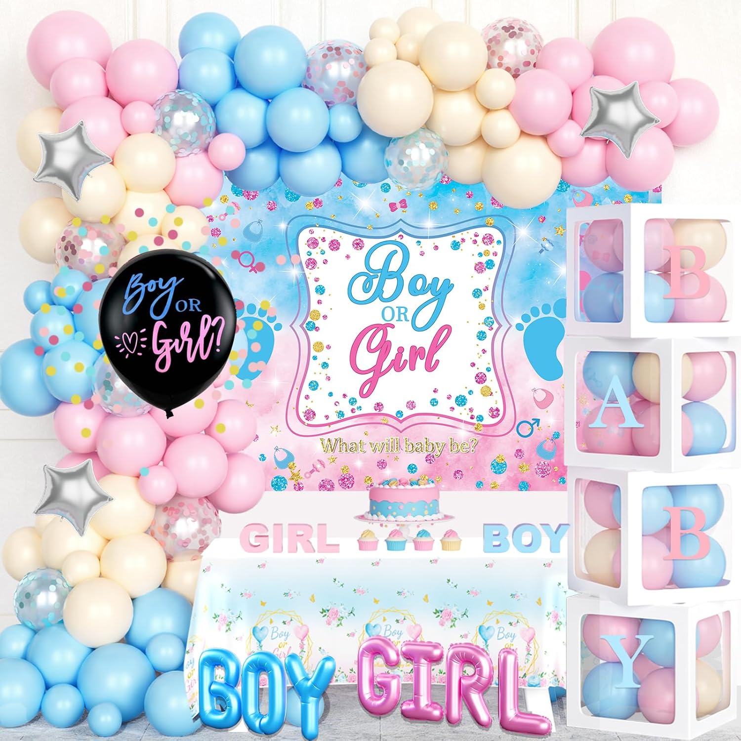 Baby Gender Reveal Decorations, Girl or Boy Gender Reveal Party Decorations, He or She Décor Backdrop Balloon Garland Banner Tablecloth Cake Cupcake Topper Box Sash Pink Blue