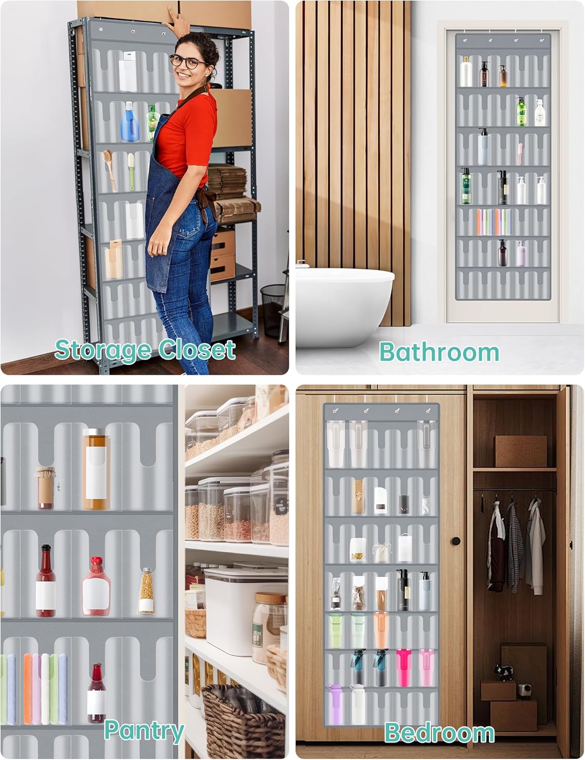NiHome 35 Pockets Door Hanging Organizer for Large Stanley 30oz 40oz Tumblers with Handles, Deep Clear Pockets with Handle Slots, Waterproof Oxford Fabric for Kitchen, Cabinet, Pantry, Closet (Gray)