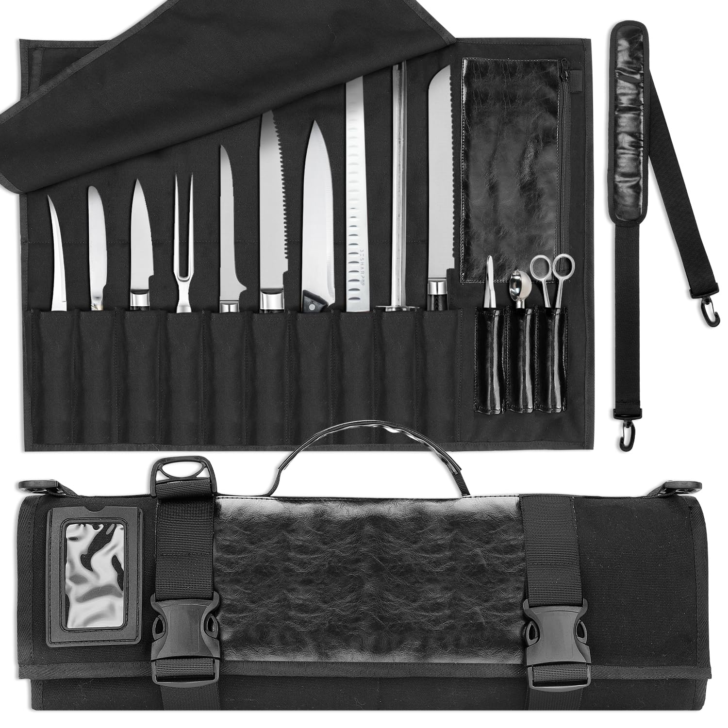 Borsa arrotolabile per coltelli da chef, in tela resistente e pelle, custodia impermeabile per coltelli con 10 scomparti e 1 custodia rimovibile, per casa, cucina, campeggio, escursionismo