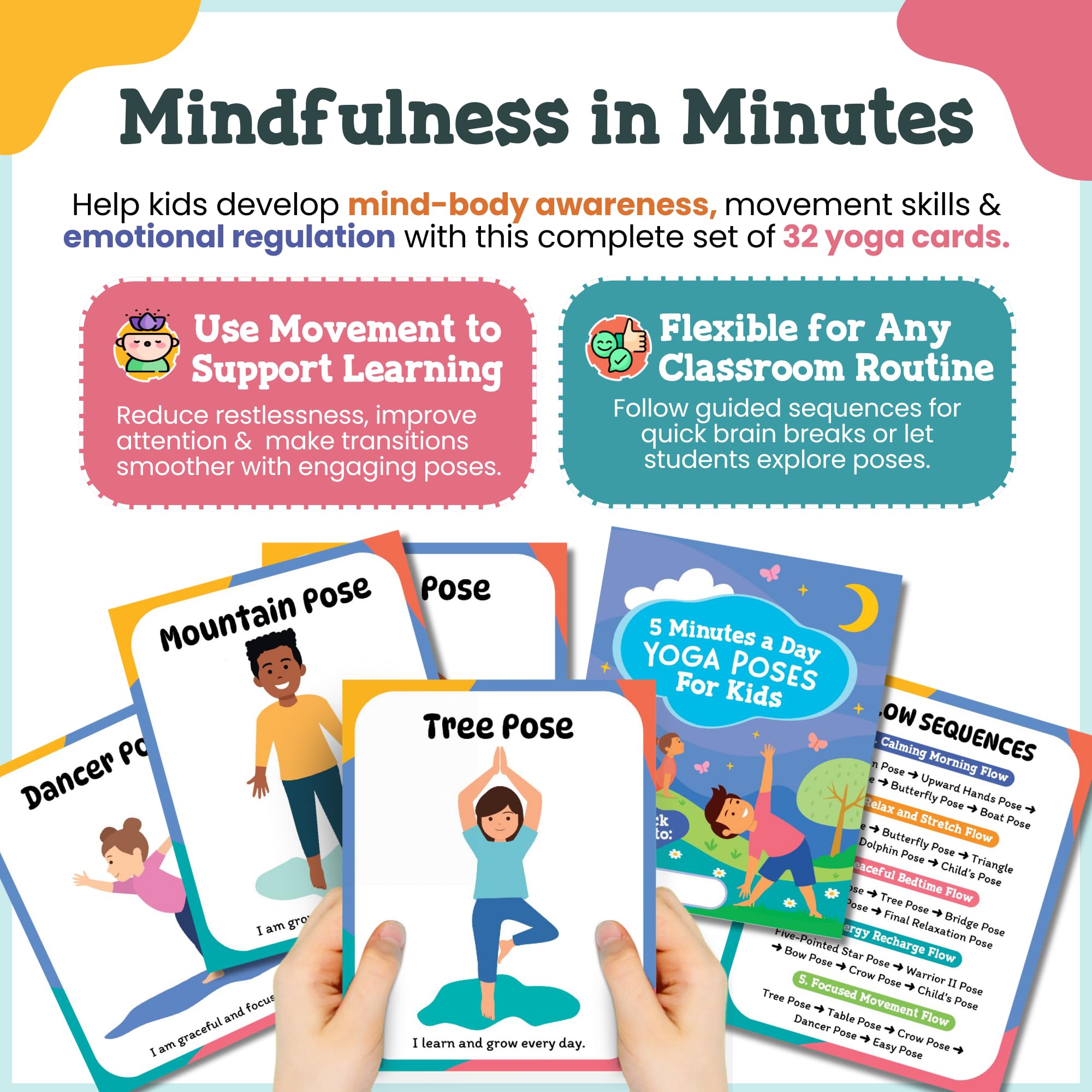 Tarjetas de yoga para niños, juego de 34 tarjetas divertidas y educativas para mindfulness, posturas de yoga y actividad física, perfectas para niños