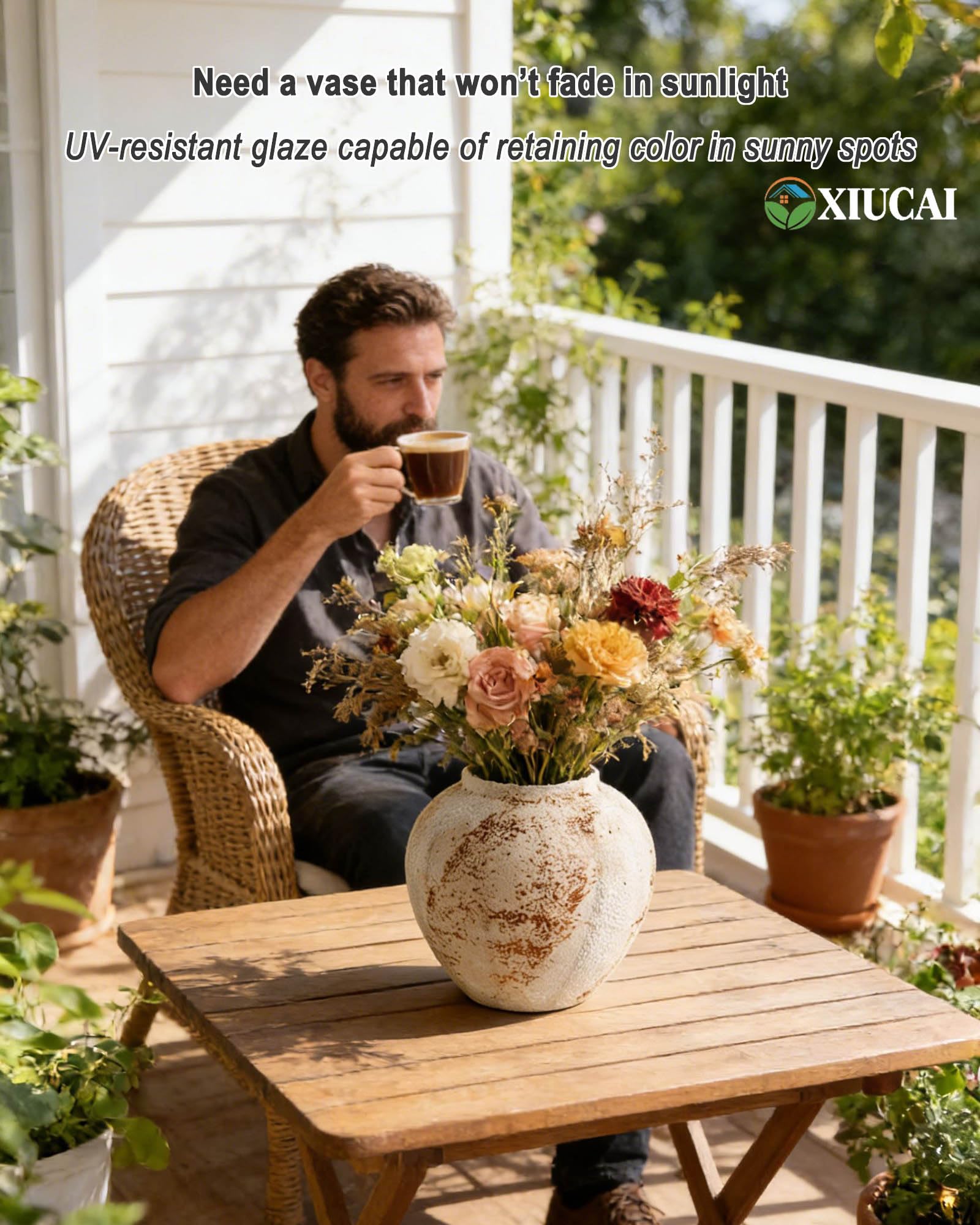 Jarrón Rústico Artesanal Textura Terracota Decor | Hecho a Mano en Arcilla Natural, Altura 20 cm Diámetro 23 cm, Ideal para Entrada Oficina Terraza Estantería