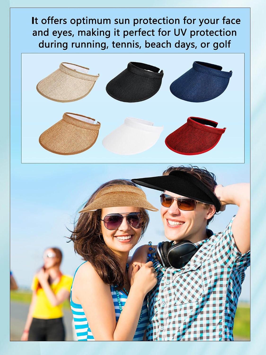 6 Pack Adult Sun Visor Hats Wide Brim Sun Visors UV Protection Summer Beach Visor for Women Girls Outdoor Running