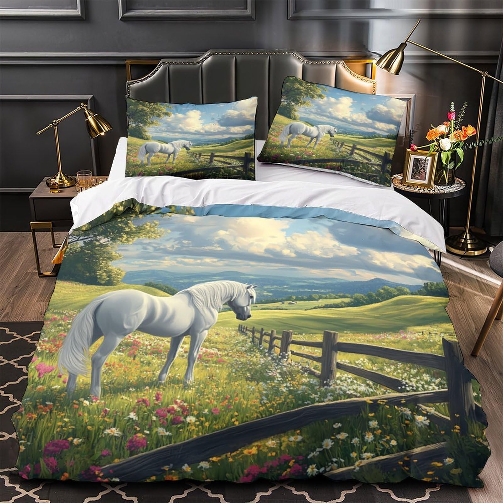 Housse de couette cheval blanc de qualité supérieure en microfibre avec éclair caché