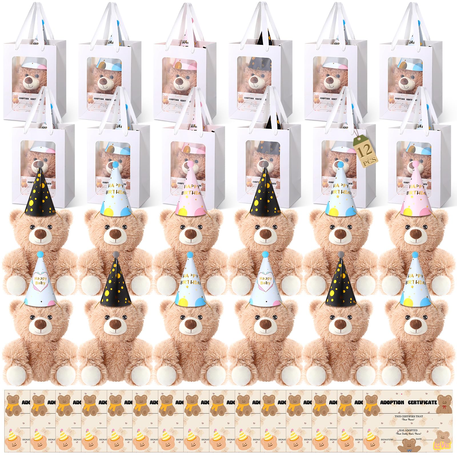 HyDren 12 Sets Adopt a Pet Party Favors Includes 10 Inch Mini Plush Stuffed Animals Set Birthday Hats Adoption Cards with Bags for Adopt a Pet Party