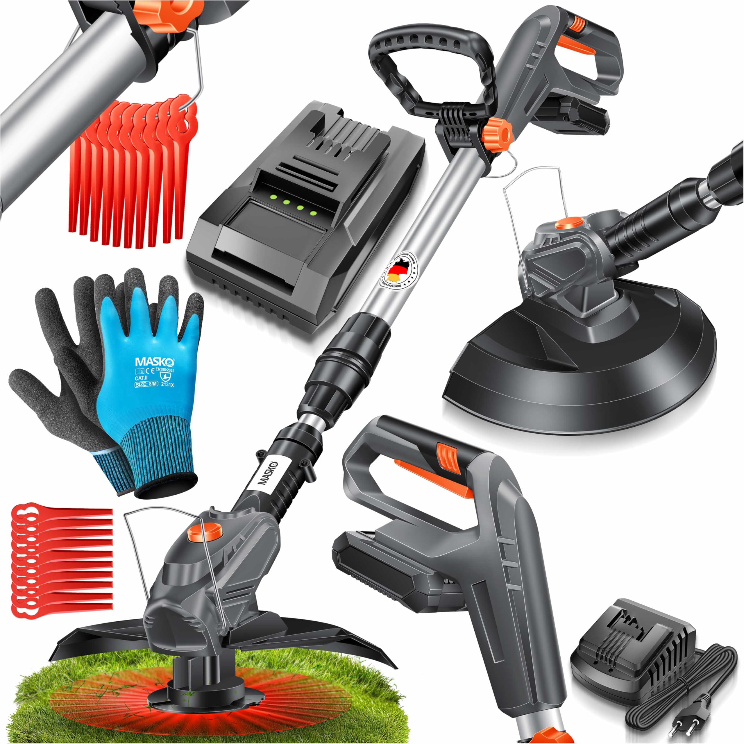 Débroussailleuse sans Fil MASKO® avec Batterie Li-ION 20 V, Batterie 2,0 Ah et Chargeur, Largeur de Coupe 260 mm, Angle de Coupe 180°, Manche télescopique et poignée supplémentaire + Accessoires