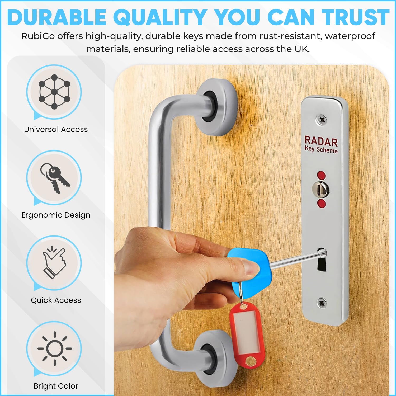 RubiGo Behinderten-Toilettenschlüssel, kompatibel mit Radarschlüssel für Behindertentoiletten, 3 Stück, universeller Zugangsschlüssel für öffentliche Behinderten-WCs in Großbritannien – mit Karte