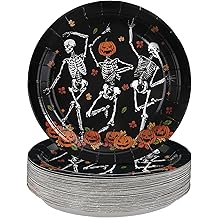 Grencian 50PCS Skeleton Party Supplies 9" Pumpkin Dancing Skull Plates Halloween Gothic Skull Plates Disposable Skeleton Theme Tableware for Spooky Ghost Holiday Horror Party Decorations