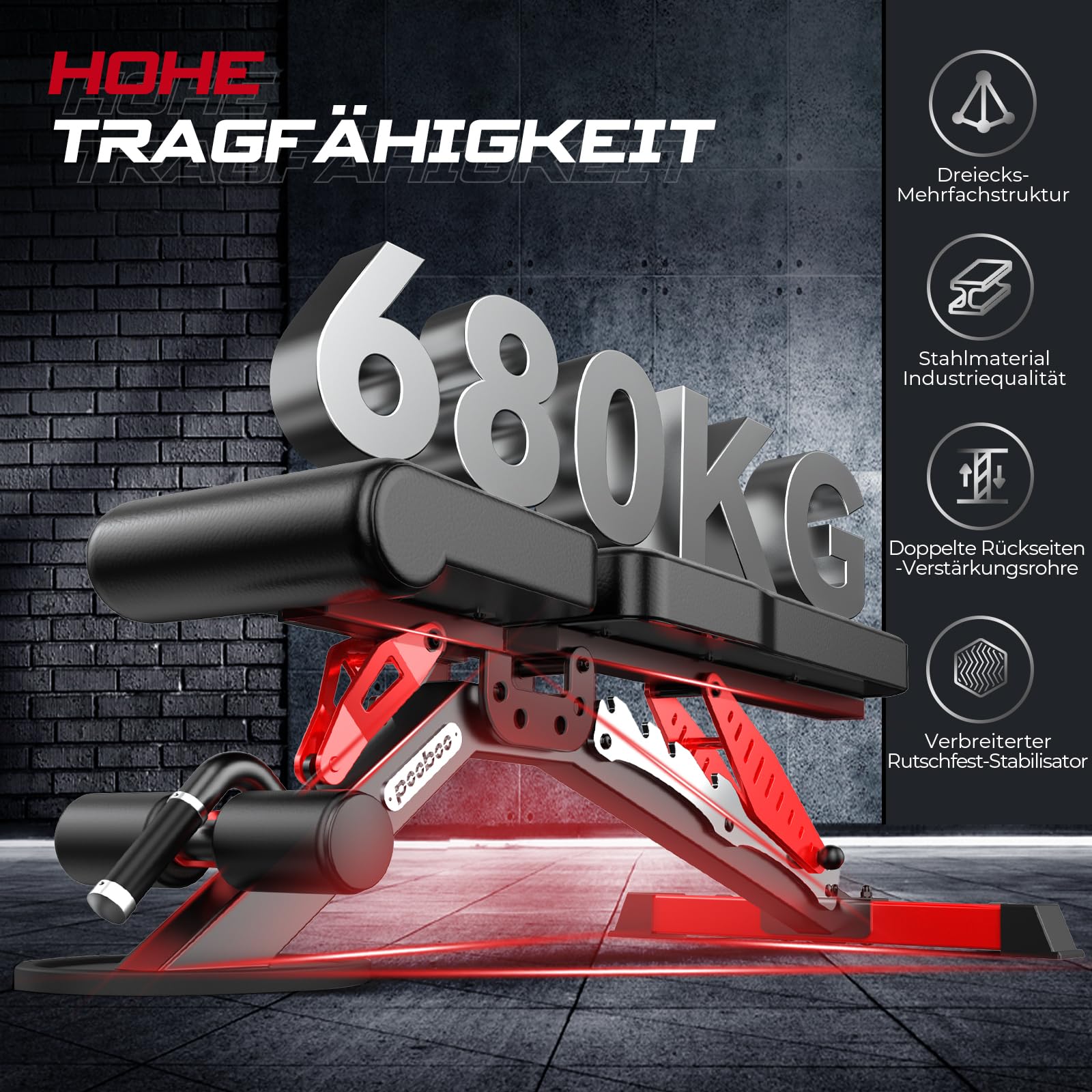 Pooboo Hantelbank, verstellbare Trainingsbank für zu Hause, 1500 lbs Tragkraft, strapazierfähige Krafttrainingsbank, flache/geneigte/abfallende Positionen für ein Ganzkörpertraining