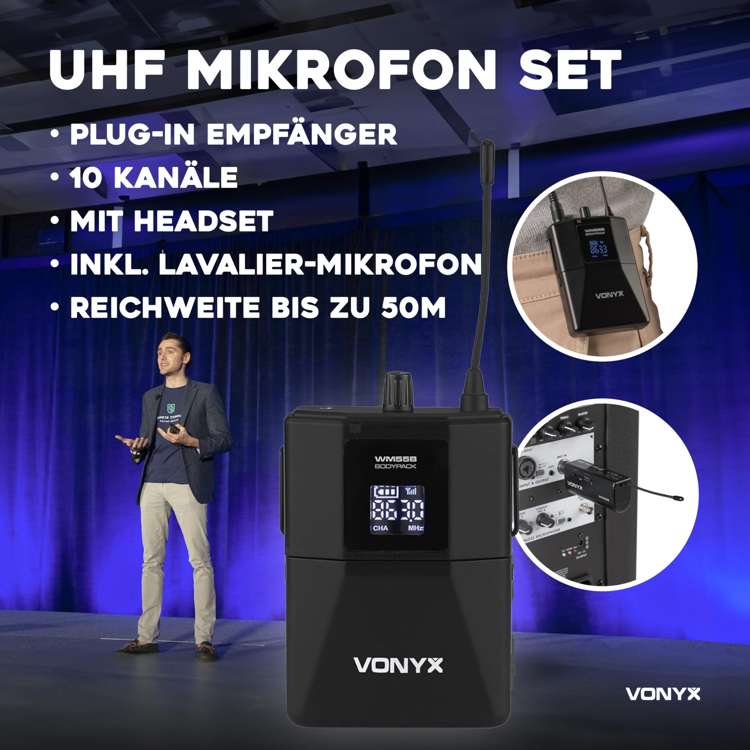 Vonyx WM55B Funkmikrofon Set, Headset und Lavalier Mikrofon Kabellos, UHF 863-865 MHz, 50m Reichweite