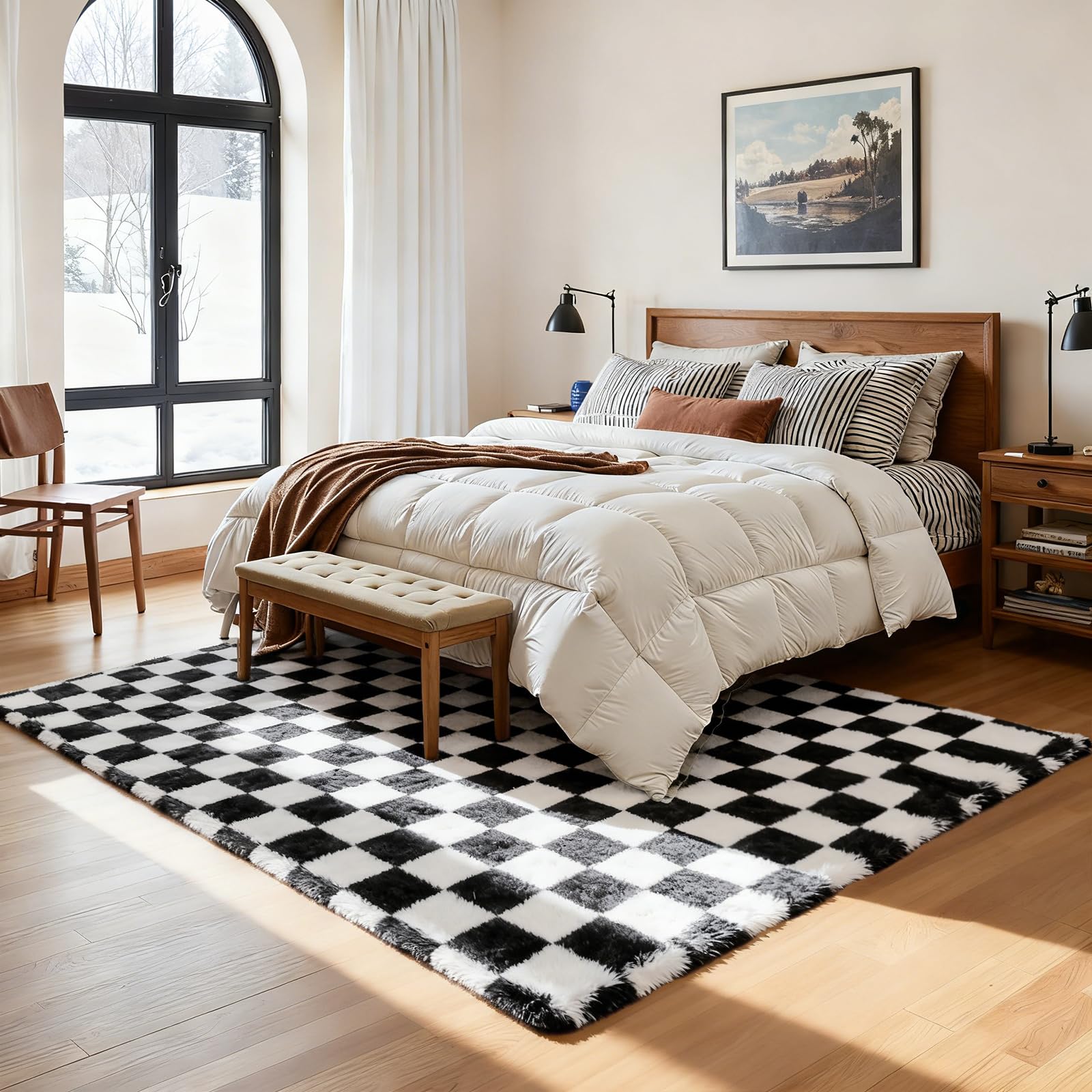 Enyhom Tappeto Salotto Scacchi Moderno 120 x 180 cm, Pelo Lungo Tappeto Camera da Letto Scendiletto Peluche Super Morbido Tappeti Salotto Antiscivolo Lavabile in Lavatrice Tappetino per Soggiorno