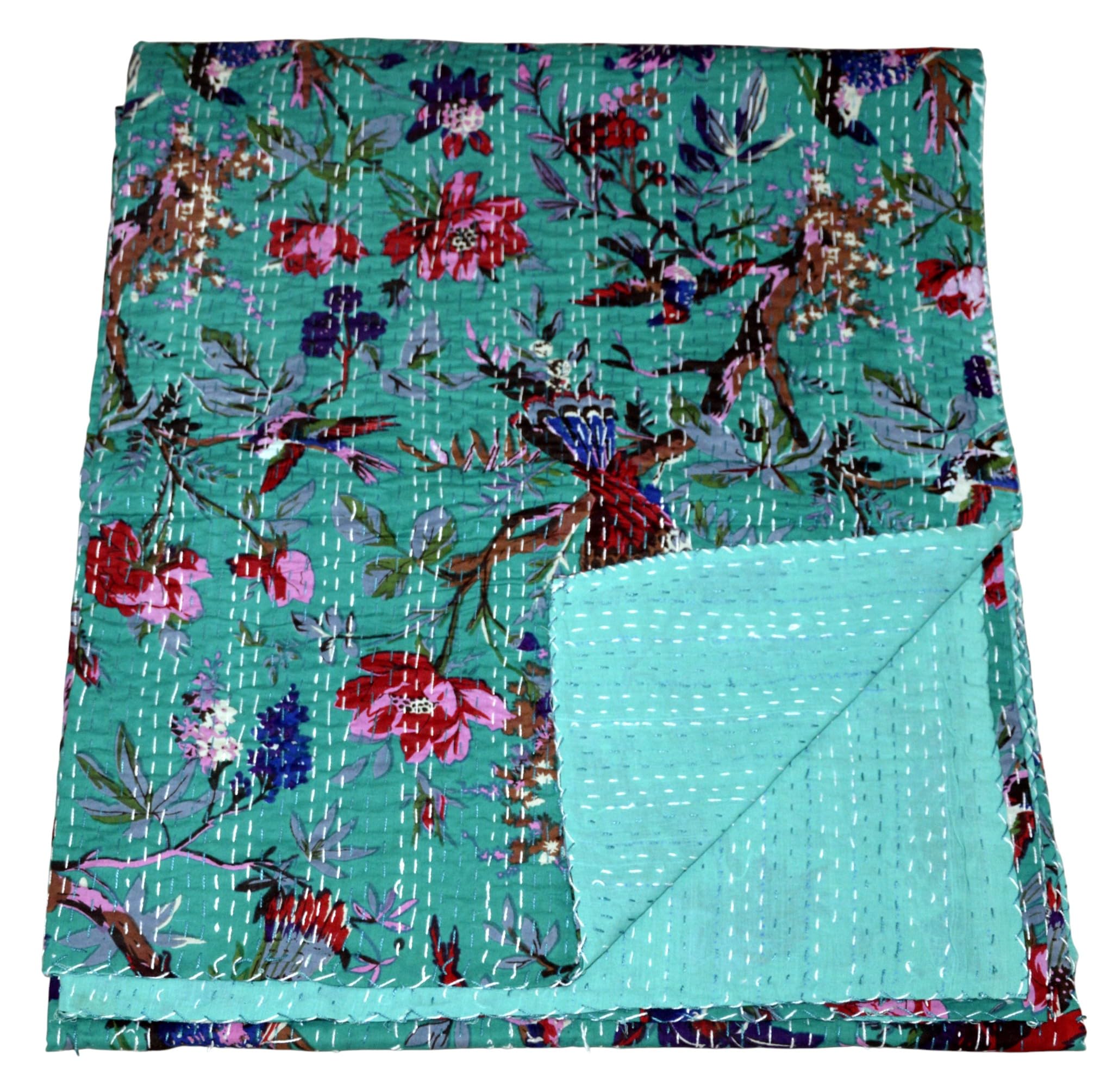 copriletto indiano 100% cotone Kantha, set di copriletti fatti a mano, reversibile, set di copriletti di lusso vintage con motivi floreali e uccelli