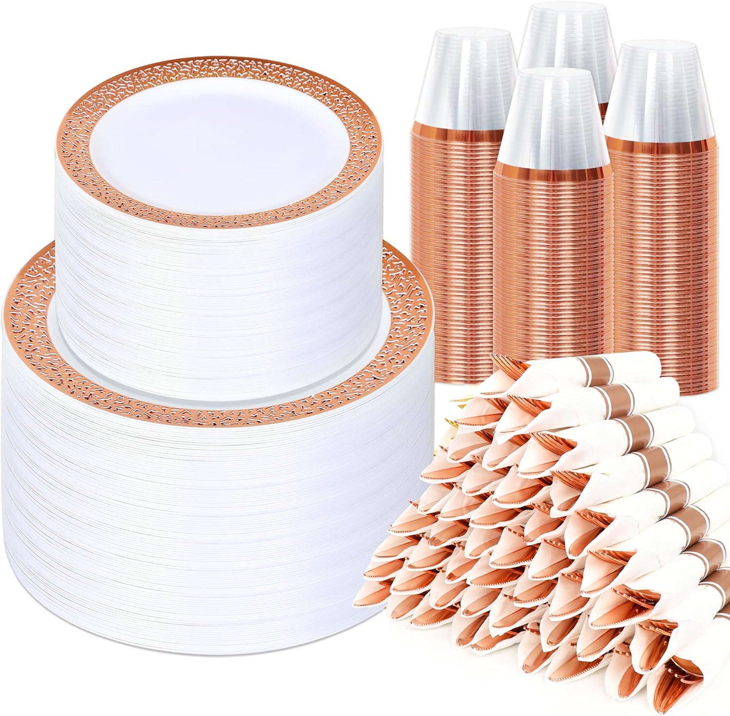 700 Piece Dinnerware Set for Wedding & Party,100 Guest RimPlastic Plates,100 Plastic Silverware,100 Cups,100 Linen Like Napkins (Glod) lkj